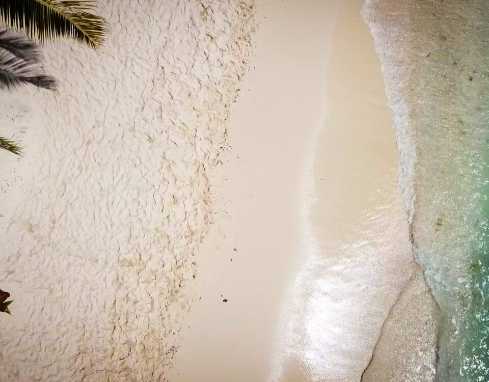 Vista aérea de la arena blanca y agua turquesa en Isla Saona.